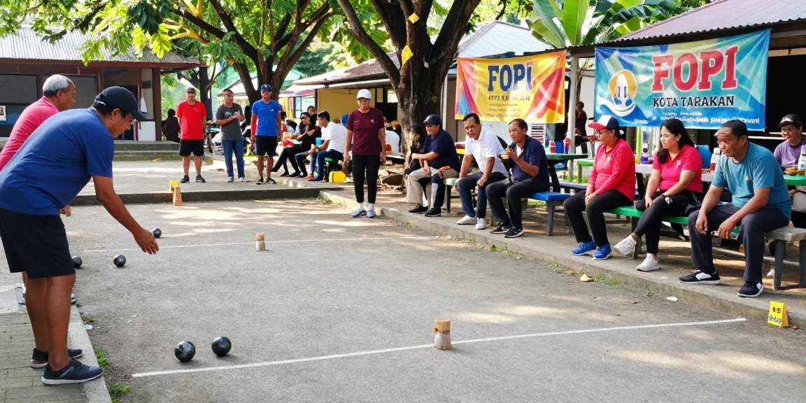 Pemain petanque di lapangan fopikotatarakan.org saat pertandingan santai, menampilkan semangat kebersamaan dan komunitas.