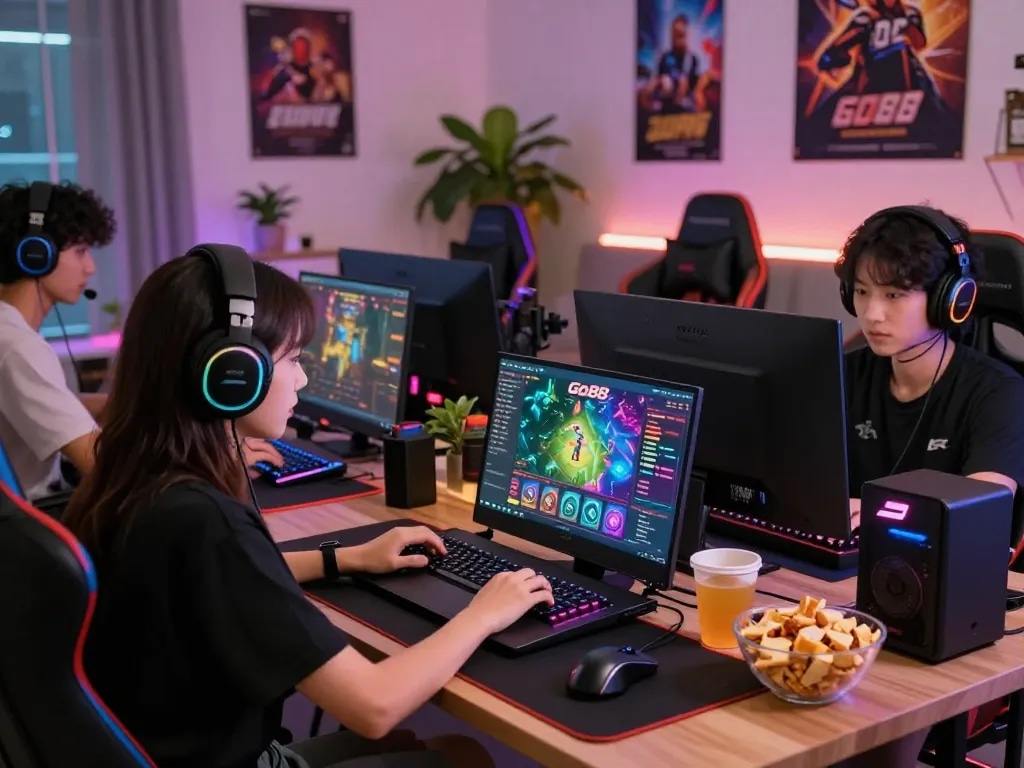 Engaged gamer downloading the tải go88 app on her laptop with vibrant gaming setup.