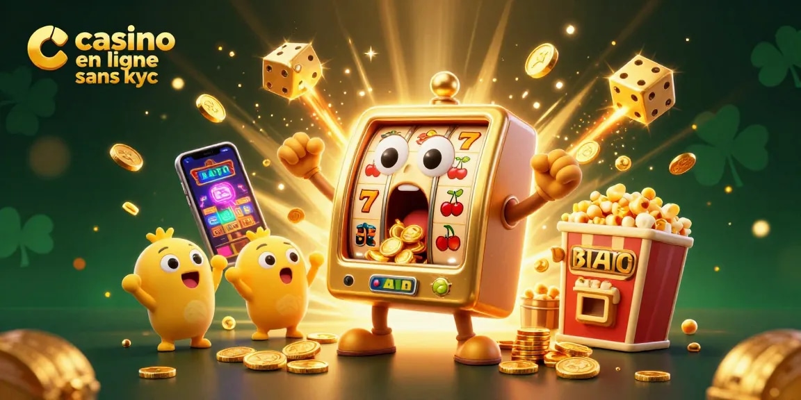 Jouer avec les machines à sous dans un casino en ligne sans KYC, ambiance festive et joyeuse.