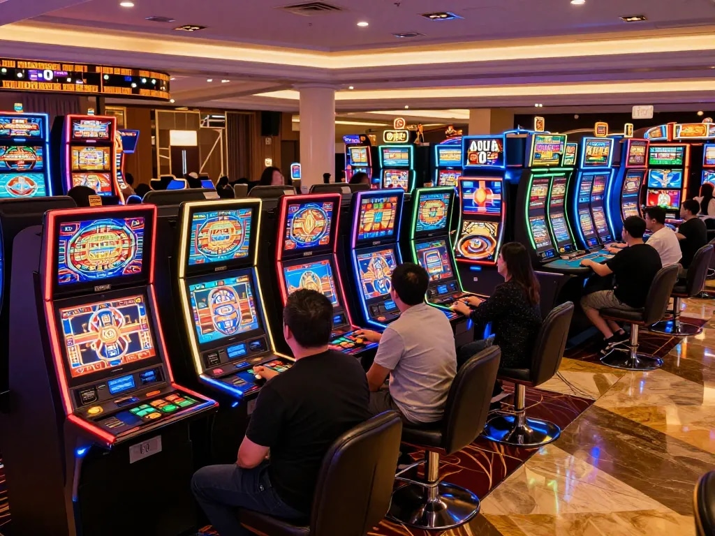 Players enjoying dynamic games on vibrant slot machines at w 88 casino floor during an exciting evening