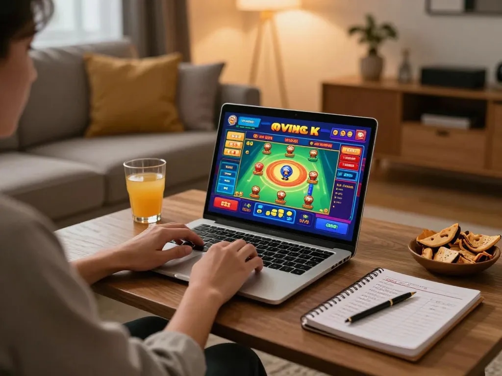 Engaging scene of a person enjoying casinò online italiani non aams at home, playing on a laptop with snacks visible.