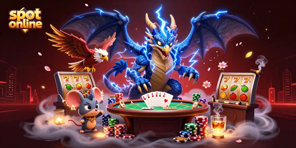 Experience slot online excitement with a thunder dragon and poker elements in a dynamic casino setting.