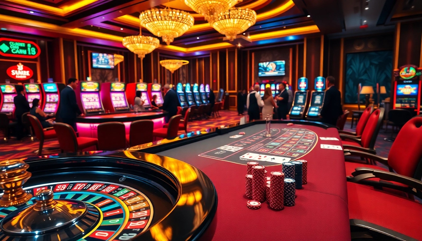 Scène passionnante au meilleur casino en ligne France avec des joueurs profitant des jeux de roulette et de poker.