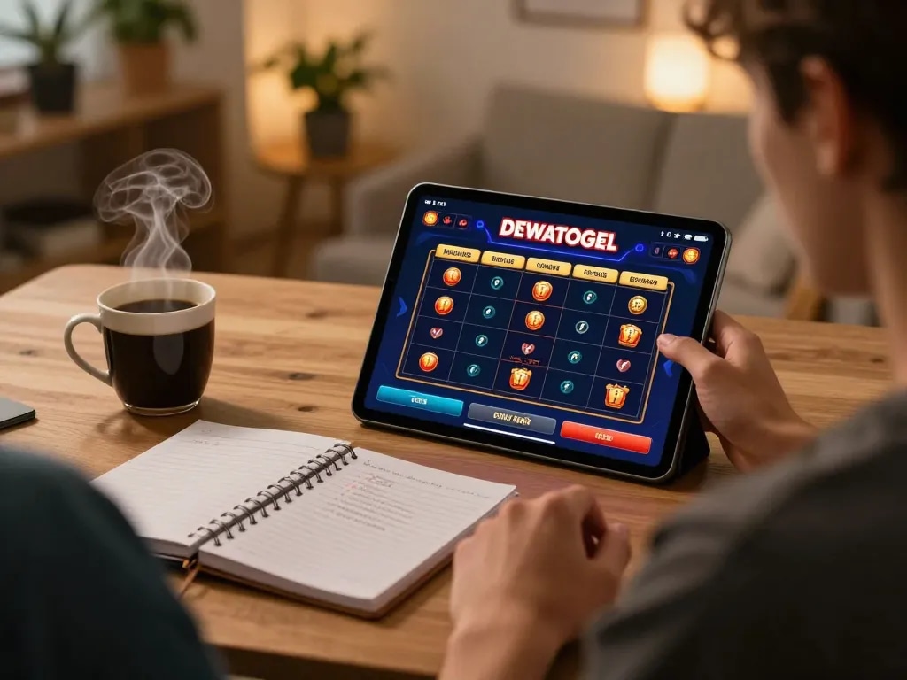 Player analyzing DEWATOGEL results on tablet while strategizing at home in a cozy setting.