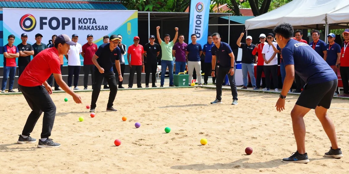 Turnamen petanque oleh fopikotamakassar.org dengan peserta yang fokus dan penonton bersemangat.