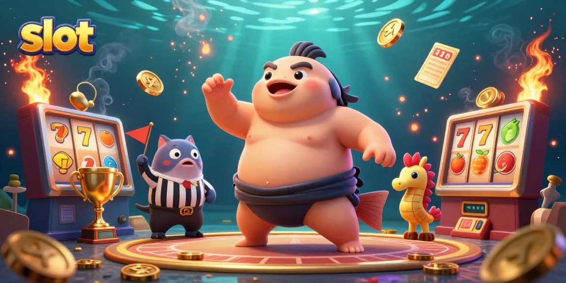 Immerse in the slot experience with a vibrant underwater scene featuring a fugu, catfish referee, and seahorse spectators.