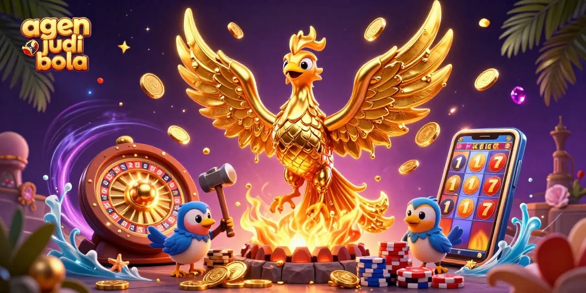 Engage with agen judi bola through an enchanting 3D casino scene featuring a golden phoenix and winning elements.
