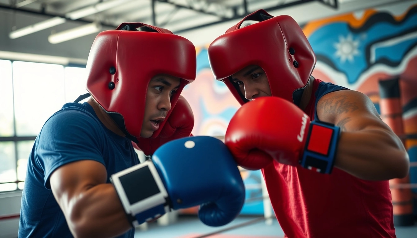 Aktive Athleten im Wettkampf mit hochwertigem headgear boxing in einer Sporthalle während des Trainings.