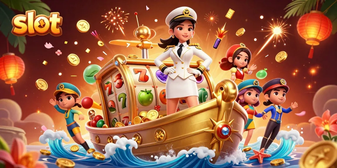 Spin and win with slot games in an immersive 3D illustration of an elegant Asian woman commanding good fortune on a golden ship.