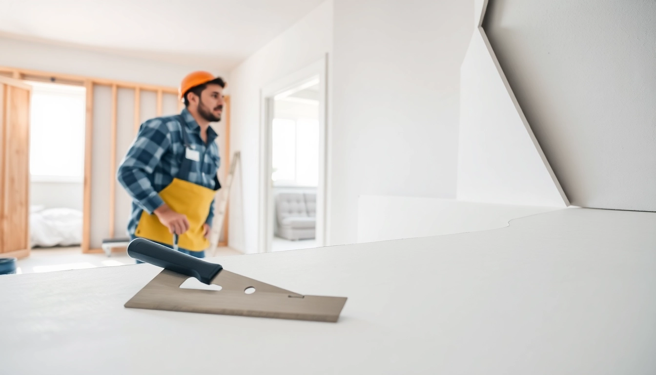 Installer diligently working on drywall application in a modern home renovation.