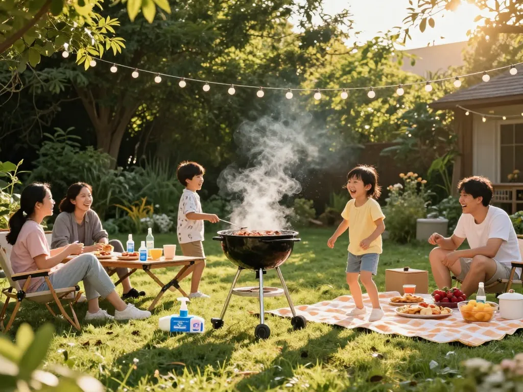 Family relaxed outdoors using mosquito repellent during a barbecue gathering.