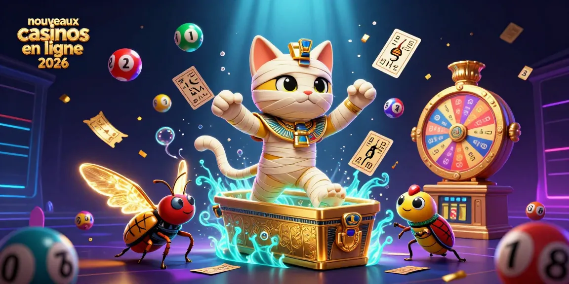 Vibrez avec les nouveaux casinos en ligne 2026 dans cette illustration immersive où un chat momie et un scarabée enchanté s'animent dans un cadre de casino pyramidal.