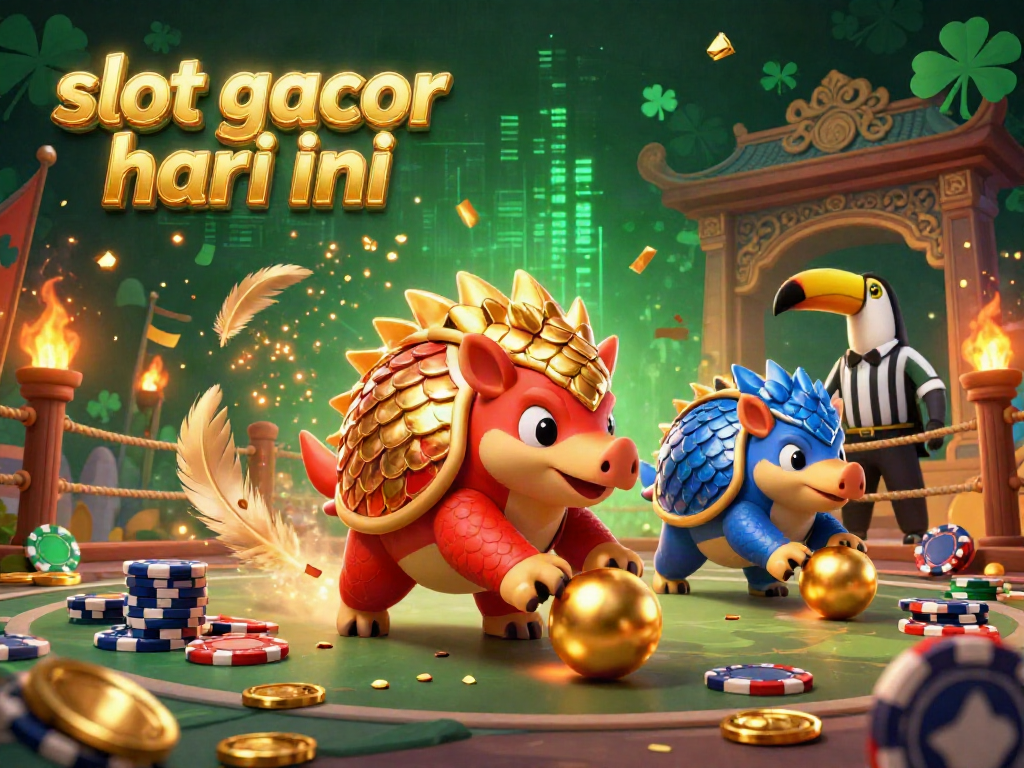 Gamer menikmati pengalaman slot gacor hari ini dengan pangolin bergaya kartun dan suasana kasino yang meriah.