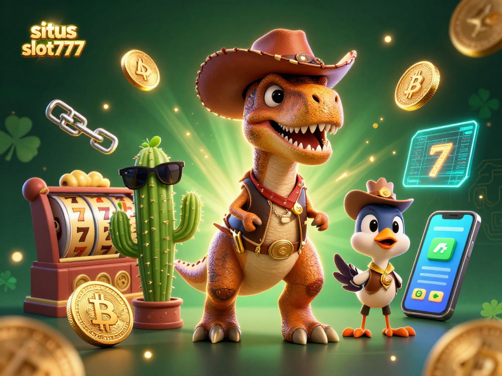 Enhance gaming at situs slot777 with a lucky cowboy dinosaur in a vibrant casino scene.