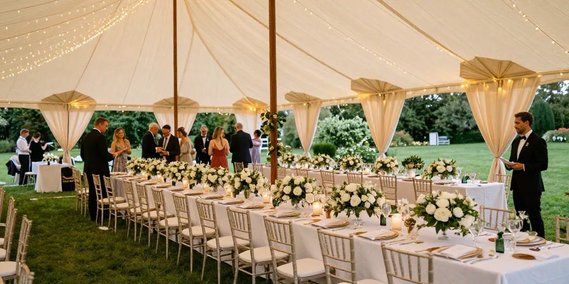 Event rentals featuring a luxurious wedding tent with elegant decorations and lively guests in a beautiful garden setting.