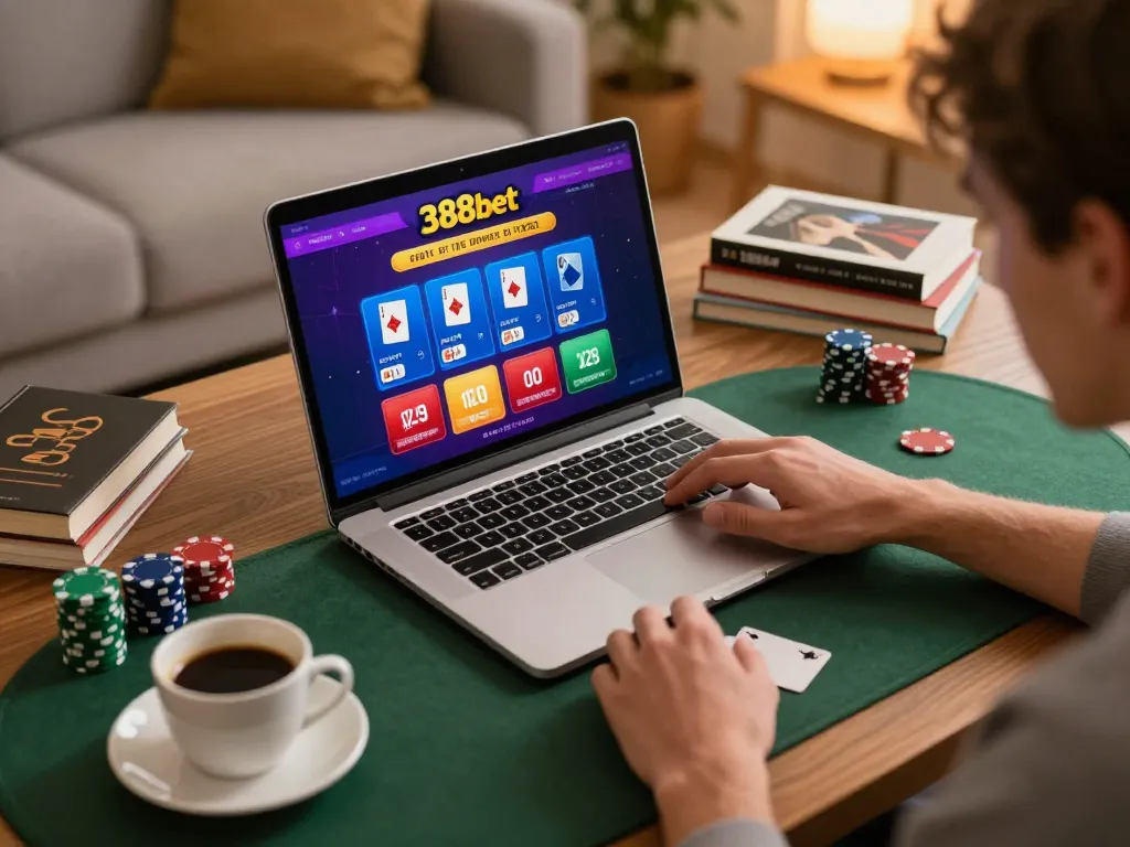 Person calculating poker odds on 388bet app in a cozy home setting