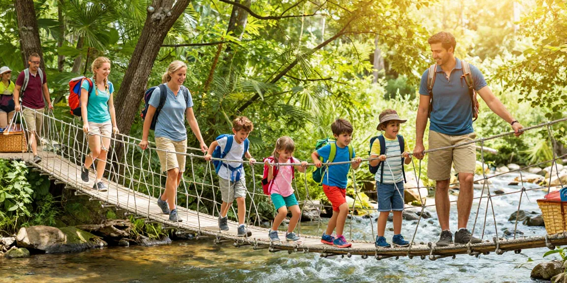 Family crossing a river rope bridge, enjoying the adventure together.