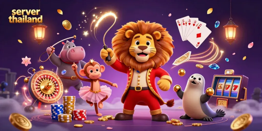 Experience the thrill with server thailand as a lively lion ringmaster and friends amidst a vibrant casino whirlwind.