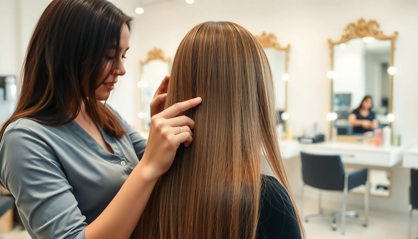 Applying genius weft hair extensions to create beautiful, voluminous hair in a modern salon.