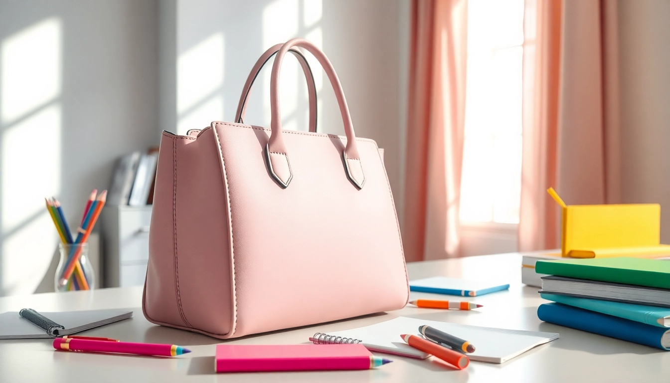 Handtasche für Schulen auf einem minimalistischen Schreibtisch mit Schulutensilien, stilvoll und praktisch.