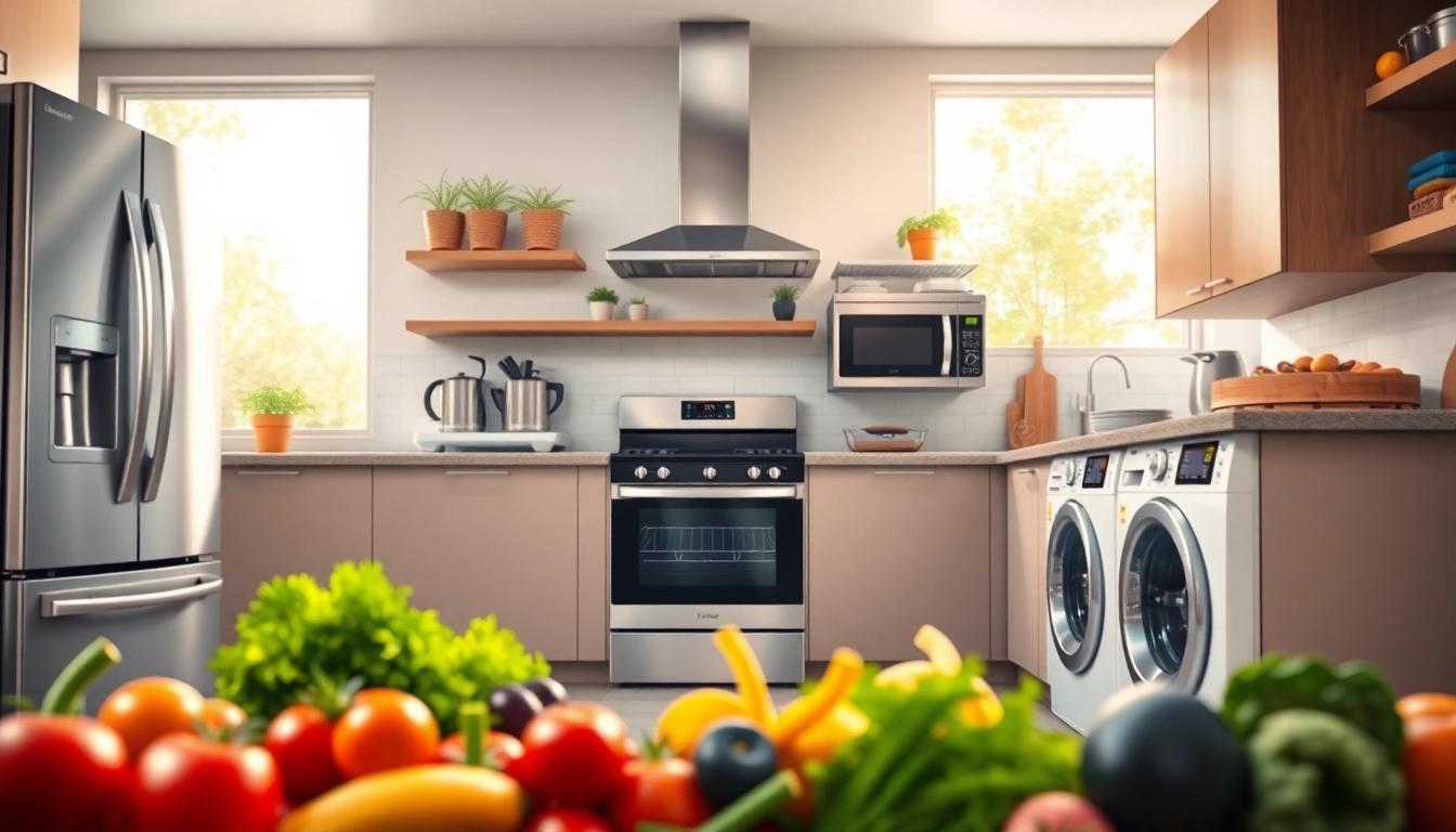 Showcase vibrant home appliances enhancing a modern kitchen environment.