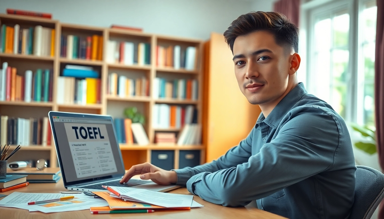 Pay someone to take TOEFL while studying at home with materials displayed.