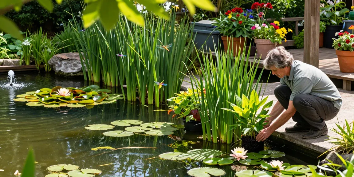 Vibrant British pond plants with a gardener planting aquatic flora by a tranquil pond.