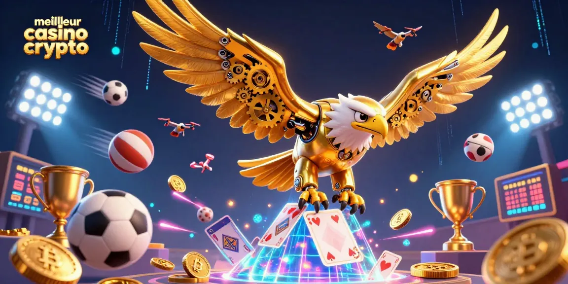 Illustration captivante du meilleur casino crypto, avec un aigle cyborg et des éléments de jeux dynamiques.