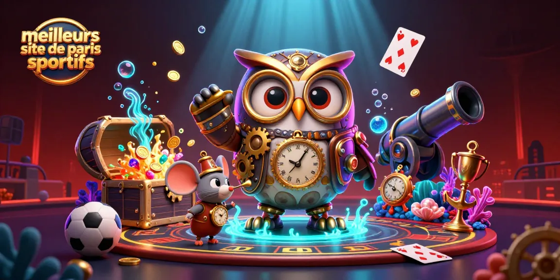Illustration d'une scène dynamique illustrant les meilleurs sites de paris sportifs avec un hibou voyageur et un compagnon en steampunk.