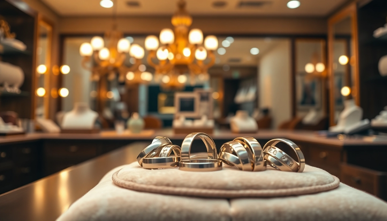 Exquisite tungsten rings displayed on a velvet cushion in a jeweler's studio.