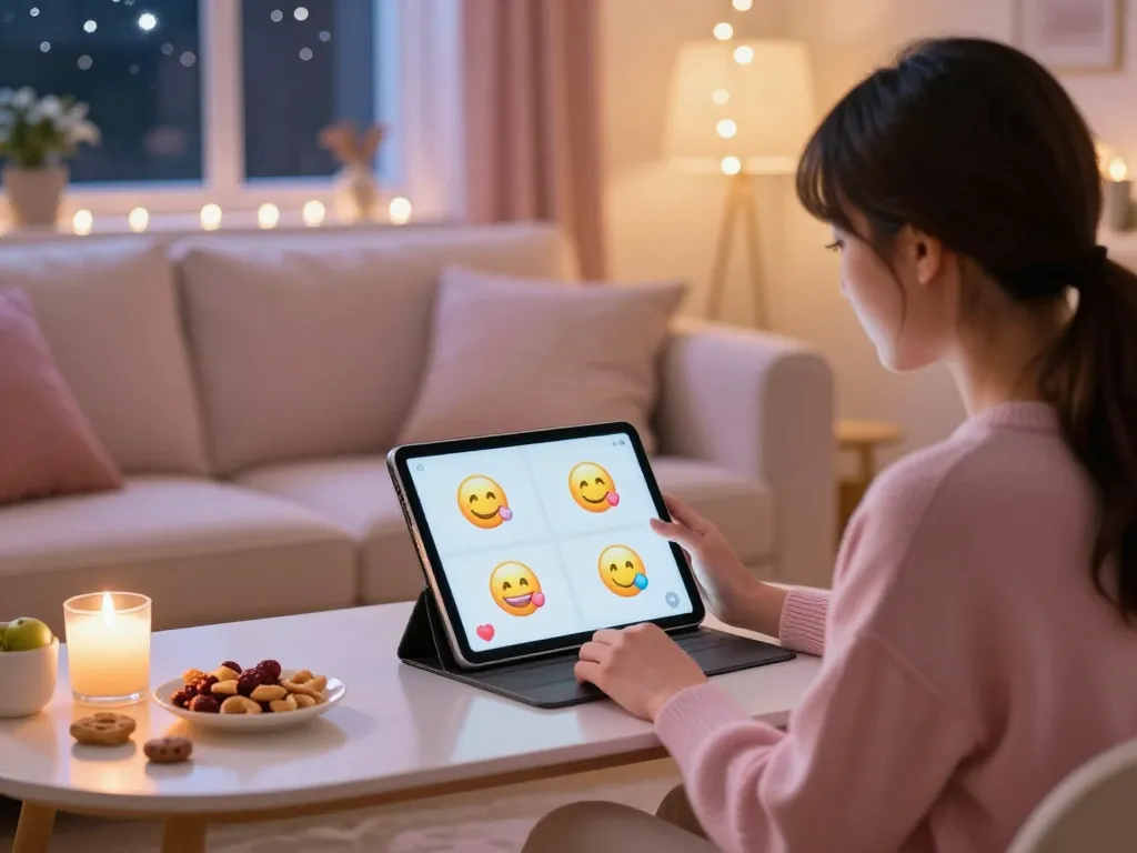 Engaging chat with an AI girlfriend on a tablet, cozy living room ambiance with soft lighting.