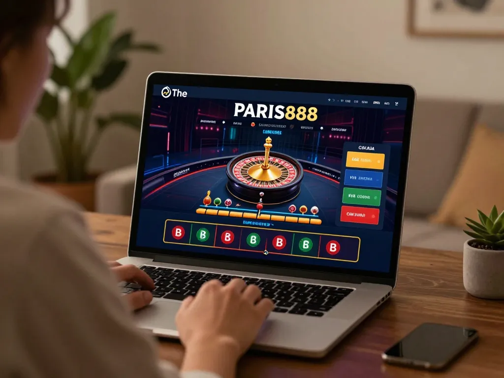 Play at Paris888 online casino with engaging live dealer games on a laptop in a cozy setting.