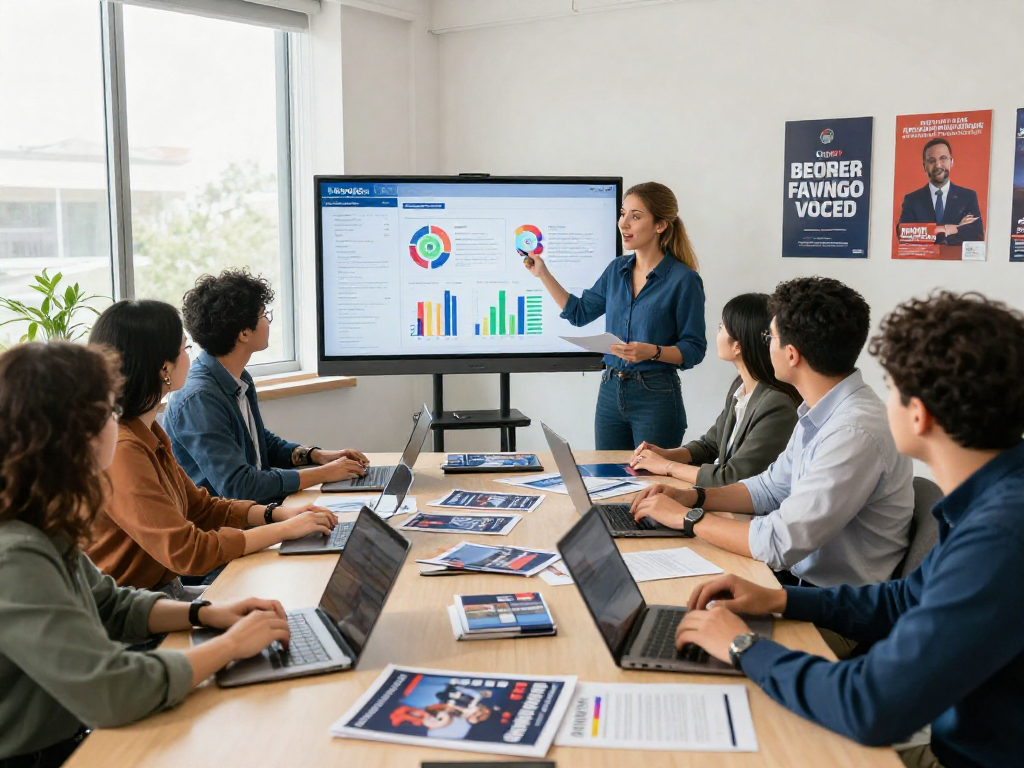 Engaged team strategizing campaign attribution tracking in a modern office with data analytics.