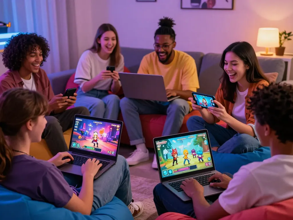 Engaging group of gamers playing porn games online in a vibrant living room setting.