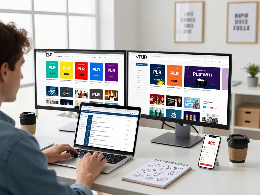 Buy PLR Products Online in a vibrant digital browsing environment featuring colorful eBooks and engaging product displays.