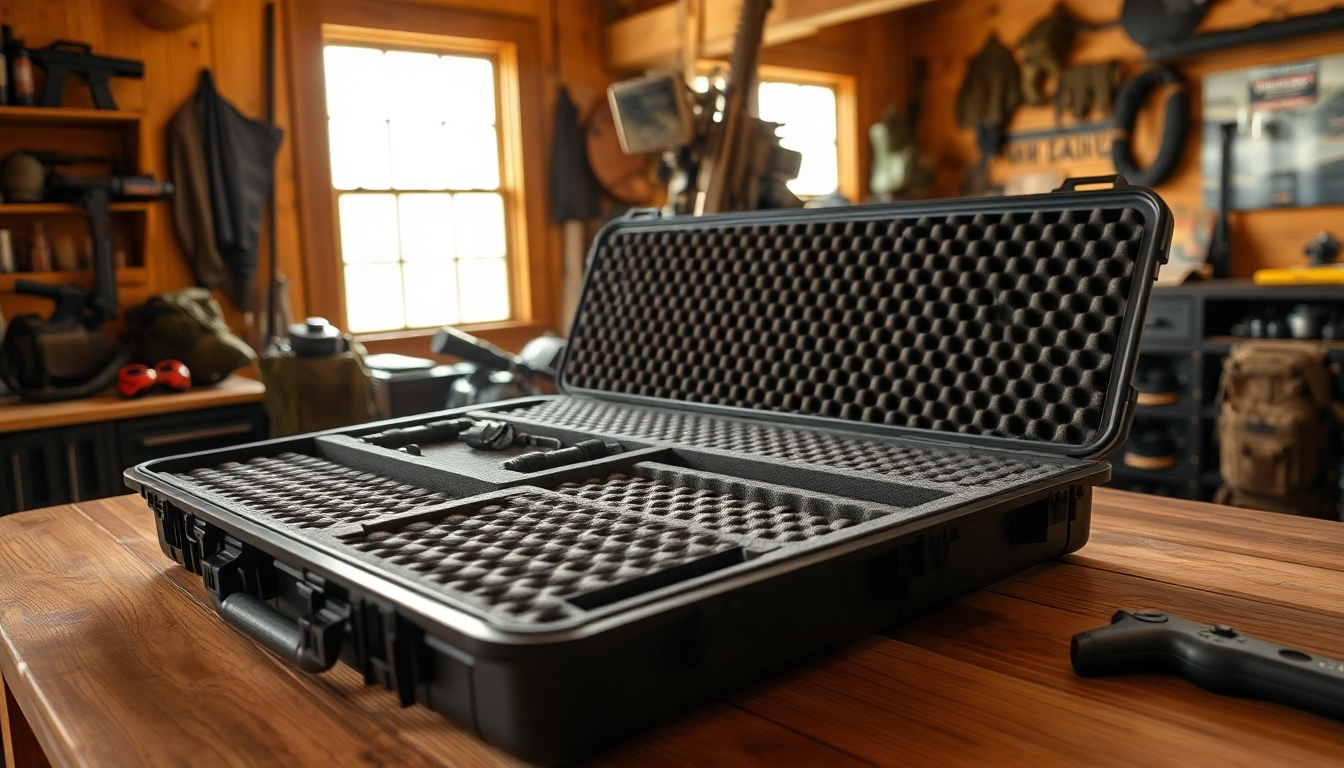Custom foam for rifle case displayed artistically with tactical gear.