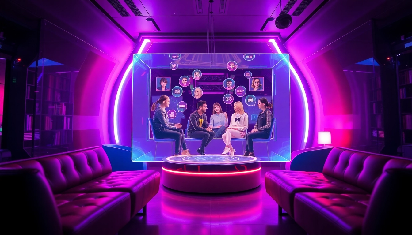Engaging scene of NSFW AI chat with diverse characters in a futuristic lounge setting.