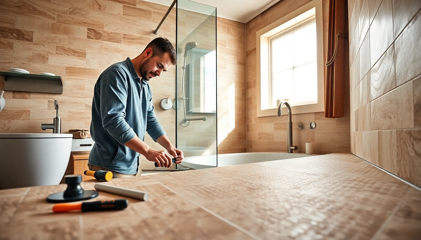 Bathroom remodelers expertly installing elegant tiles in a modern bathroom setting.