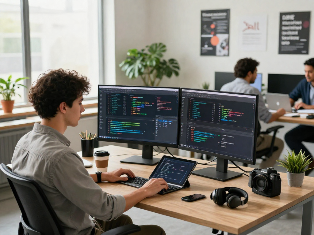 Software engineer demonstrating crush on ai concepts in a modern workspace with dual screens and team collaboration.