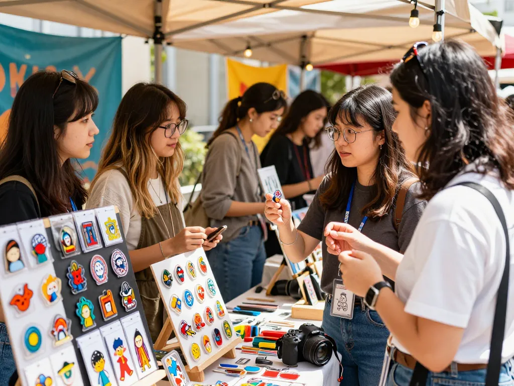 Custom clear acrylic pins showcased at an artisan market, highlighting creativity and craftsmanship.