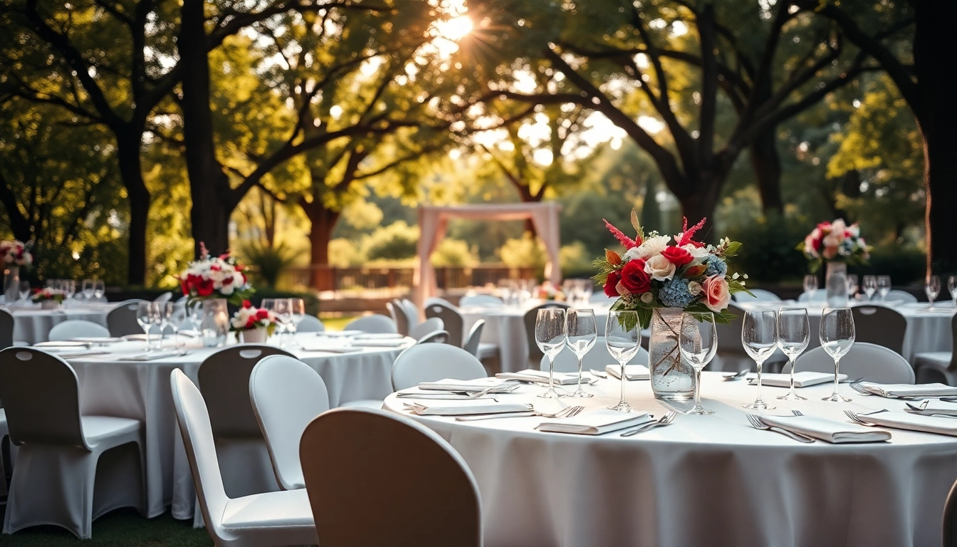 Showcase of stylish table rentals elegantly arranged for an outdoor event.