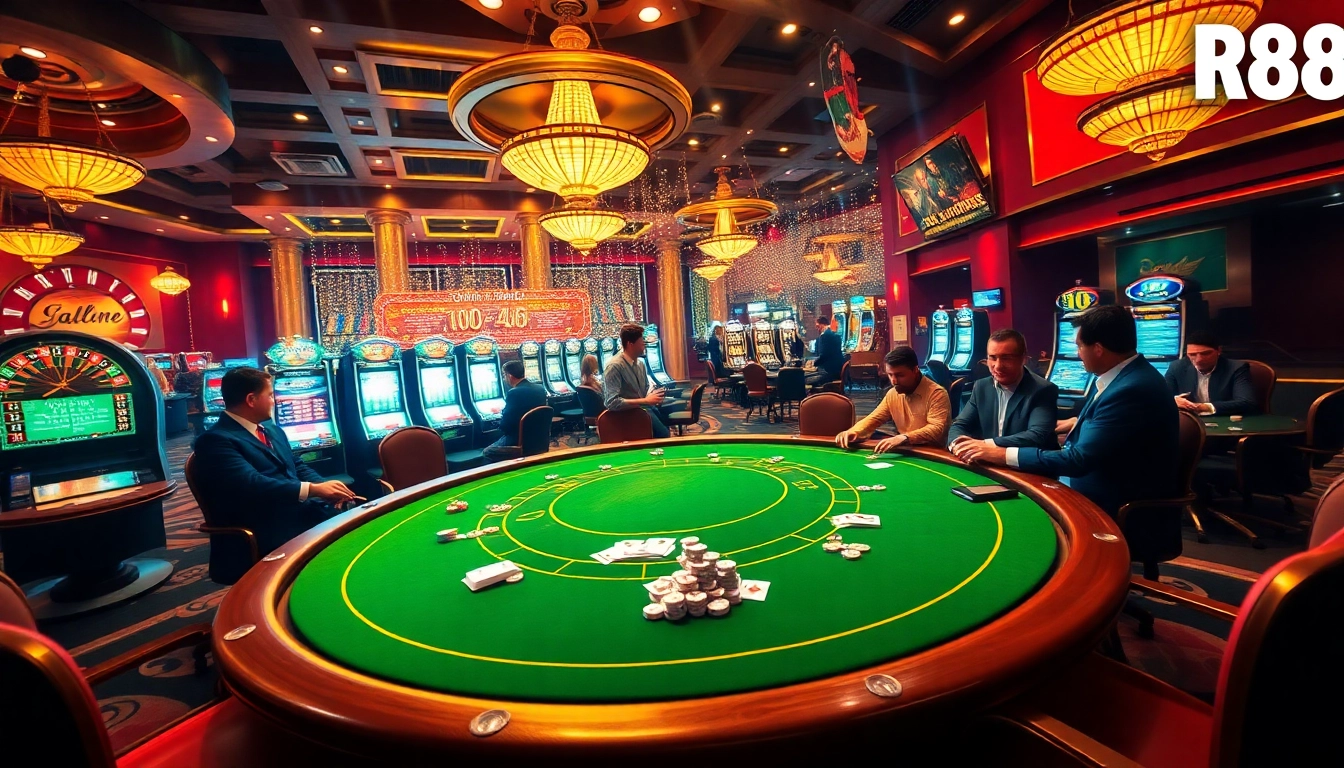 Experience the thrill of gambling at link rr88 with an elegant poker game scene featuring luxury casino elements.