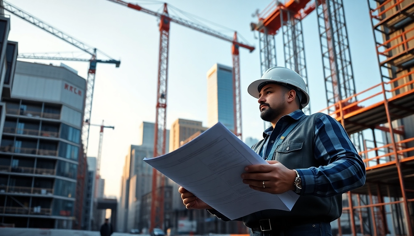 Manhattan Commercial General Contractor overseeing a construction project with cranes and blueprints.