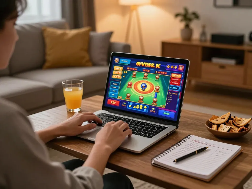 Engaging scene of a person enjoying casinò online italiani non aams at home, playing on a laptop with snacks visible.