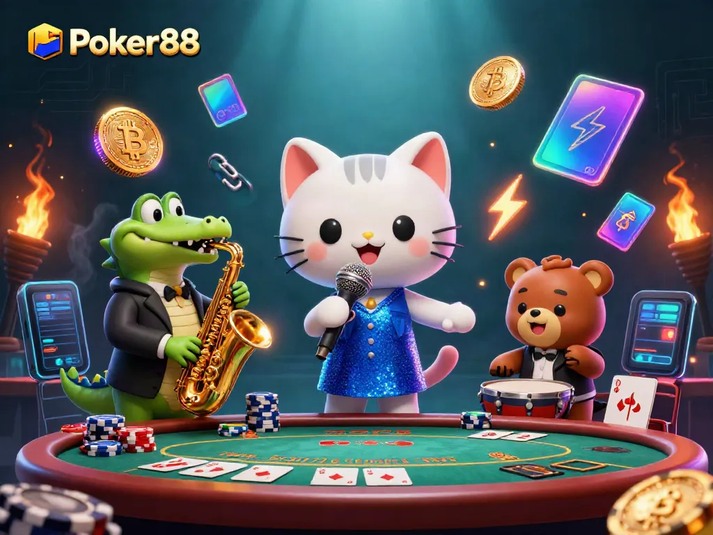 Experience Poker88 with a vibrant 3D casino illustration of a jazz-singer cat, saxophone crocodile, and a drum-playing bear.
