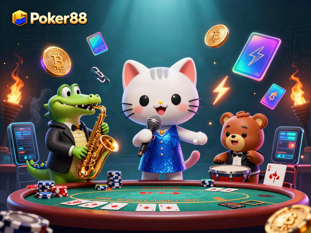 Experience Poker88 with a vibrant 3D casino illustration of a jazz-singer cat, saxophone crocodile, and a drum-playing bear.