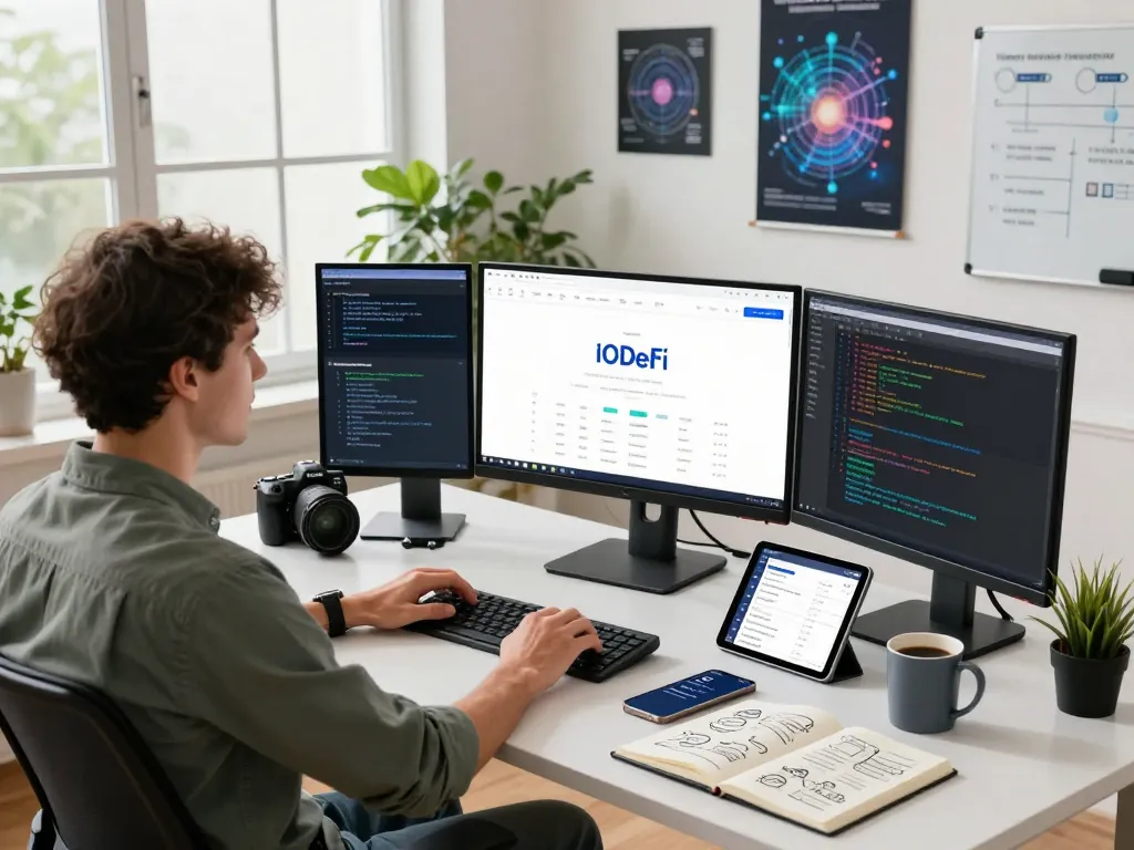 Engaging tech workspace featuring the IODeFi official website on multiple monitors, illustrating cloud computing innovation.
