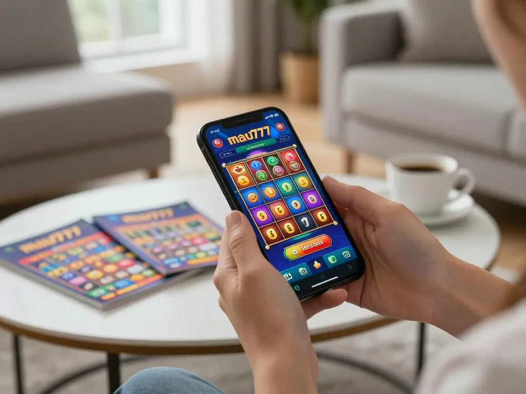 Engaging moment with mau777 slot app showing winning reels in a cozy home gaming atmosphere