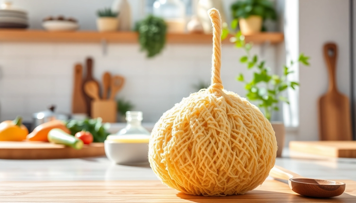 Use kitchen loofah for eco-friendly cleaning in a bright kitchen setting