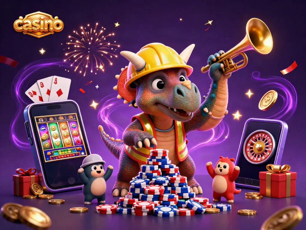 Experience thrilling casino adventures with cartoon dinosaurs celebrating over a pyramid of poker chips.